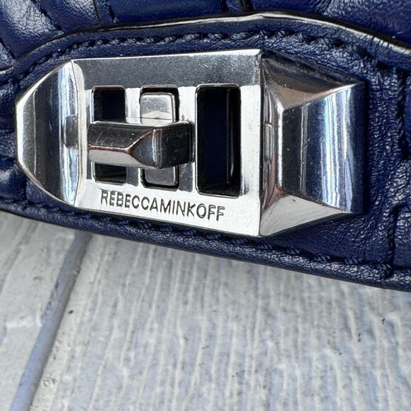 Rebecca Minkoff Chevron Quilted Love Crossbody Bag Blue Leather Chain Shoulder - Picture 9 of 12
